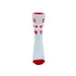 A single light blue crew sock with red accents, featuring the Chicago city flag stars and partial text, standing upright on a white background.