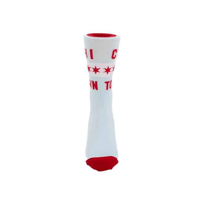 A single light blue crew sock with red accents, featuring the Chicago city flag stars and partial text, standing upright on a white background.