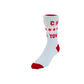 A single crew sock displayed on a white mannequin form against a clean white background. The sock is primarily light blue with red accents on the toe, heel, and cuff, featuring red text and star graphics on the side.