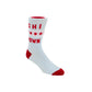 A single crew sock on a white background, featuring a light blue body with red accents on the toe, heel, and cuff, and red text and stars on the upper leg.