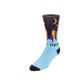 A single crew sock with a light blue foot, dark purple toe and cuff, and a printed Chicago skyline with yellow crescent moon and stars on a dark purple background.