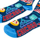 A pair of dark navy blue crew socks with a colorful Chicago-themed graphic print, featuring the word 'CHICAGO' in red, 'ROUTE 66' shields, a yellow pizza slice, and a teal water fountain, shown on a white background.