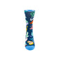 A single crew sock with a dark navy blue background and a colorful pattern of various illustrated objects, including a Ferris wheel, a fedora, a Ferris Wheel, a lion statue, and pizza slice, shown on a plain white background.
