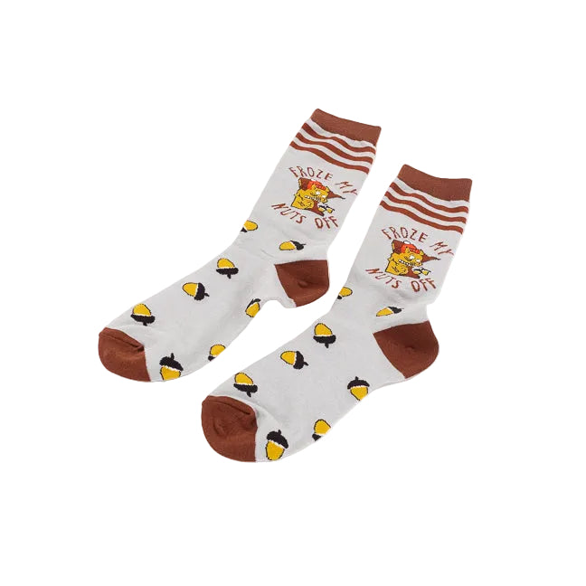 A pair of grey and brown tall socks featuring a shivering squirrel, scattered acorns and text "Froze My Nuts Off" against a white background.