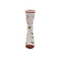 A single crew sock with a white base, brown cuffs and toe, and a pattern of acorns and brown text, shown on a plain white background.