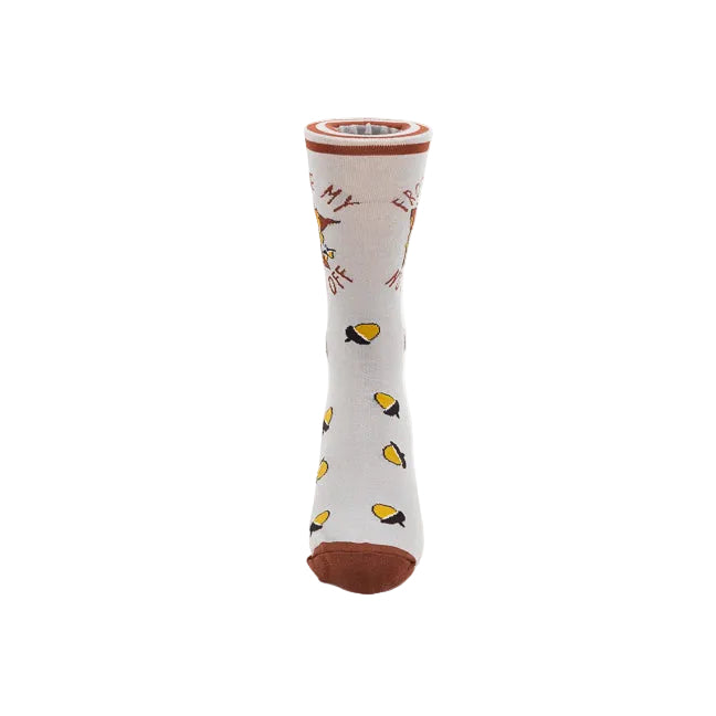 A single crew sock with a white base, brown cuffs and toe, and a pattern of acorns and brown text, shown on a plain white background.