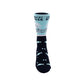 A single crew sock on a white background. The lower half is navy with light blue fish and white dots, while the upper cuff is light blue with a dark silhouette of a fisherman and the text 'SURROUNDED BY ICE HOLES'.