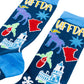 A pair of crew socks with a dark blue background featuring colorful illustrations of Minnesota landmarks, animals, and the word 'UFFDA' in yellow, with bright blue heels, toes, and cuffs.
