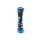 A single crew sock on a light gray background, featuring a dark blue base with colorful Minnesotan icons including a viking hat, a flag, a snowflake, hockey gear, a star, a snowflake and more. 