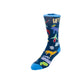 A single crew sock on a light gray background, featuring a dark blue base with colorful Minnesotan icons including a viking hat, a flag, a snowflake, hockey gear, a star, a snowflake and more. 