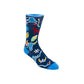 A single crew sock on a light gray background, featuring a dark blue base with colorful Minnesotan icons including a viking hat, a flag, a snowflake, hockey gear, a star, a snowflake and more. 