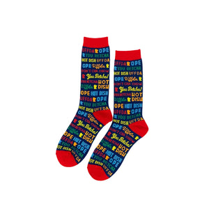A pair of tall socks with a colorful retro pattern of 'OPE', 'HOT DISH', 'UFF DA', and 'YOU BETCHA' text on a white background.