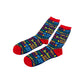 A pair of tall socks with a colorful retro pattern of 'OPE', 'HOT DISH', 'UFF DA', and 'YOU BETCHA' text on a white background.