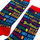 A pair of crew socks with a bold multicolor graphic print featuring classic Minnesota words and phrases in blue, yellow, green, and red, with red cuffs and toes, displayed on a clean white background.