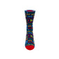A single crew sock with a colorful all-over text pattern on a dark background, featuring a bright red toe and heel, photographed on a clean white studio background.