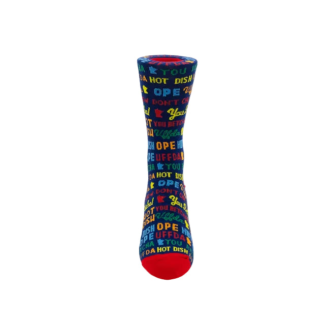 A single crew sock with a colorful all-over text pattern on a dark background, featuring a bright red toe and heel, photographed on a clean white studio background.