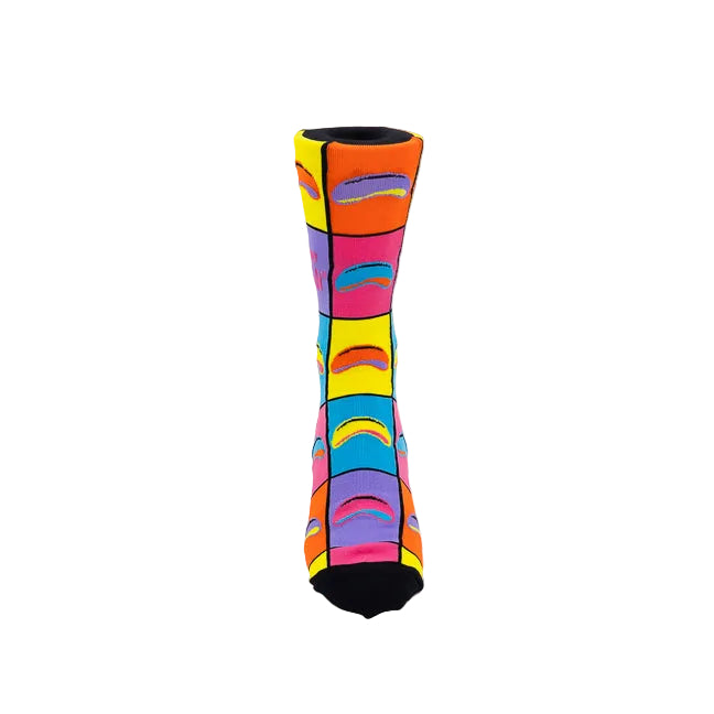A single sock with a vibrant, multicolored geometric pattern of arches inside colored blocks, featuring a black toe and heel, photographed on a seamless white background.