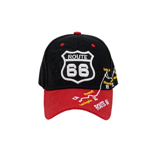 Black and red cap with Route 66 logo on a white background