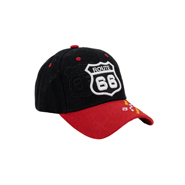 Black and red cap with 'Route 66' logo on a white background