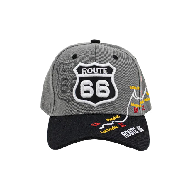 Gray and black cap with Route 66 logo on a white background