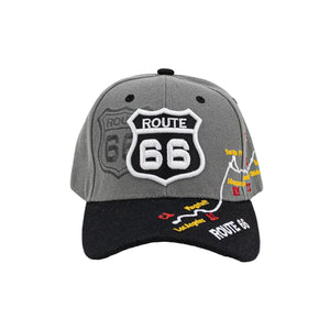 Gray and black cap with Route 66 logo on a white background