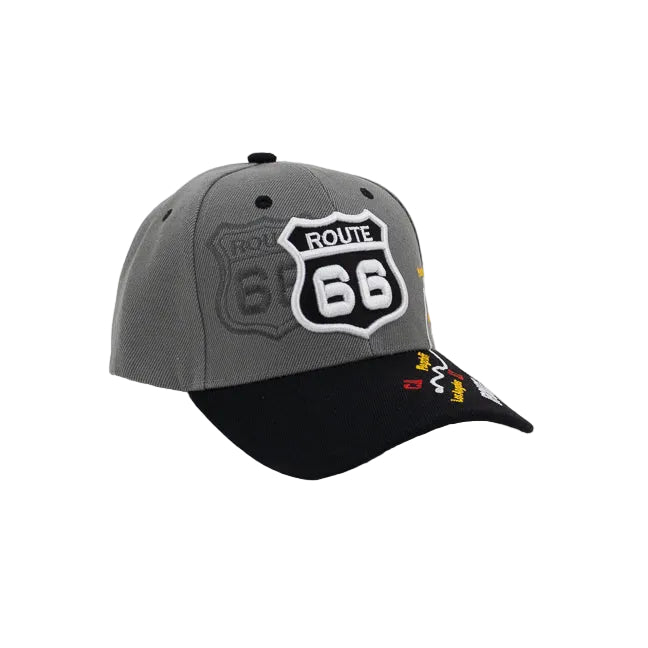 Gray and black cap with Route 66 logo on a white background
