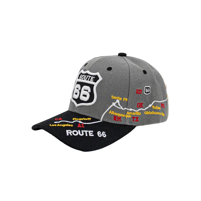 Gray and black cap with Route 66 design on a white background