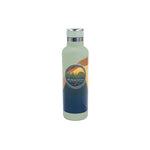 A reusable insulated water bottle with a matte sage green body, a dark blue lower section, and a circular Minnesota state graphic on the front. The bottle has a silver metal collar and a matching sage green lid, set against a clean white background.