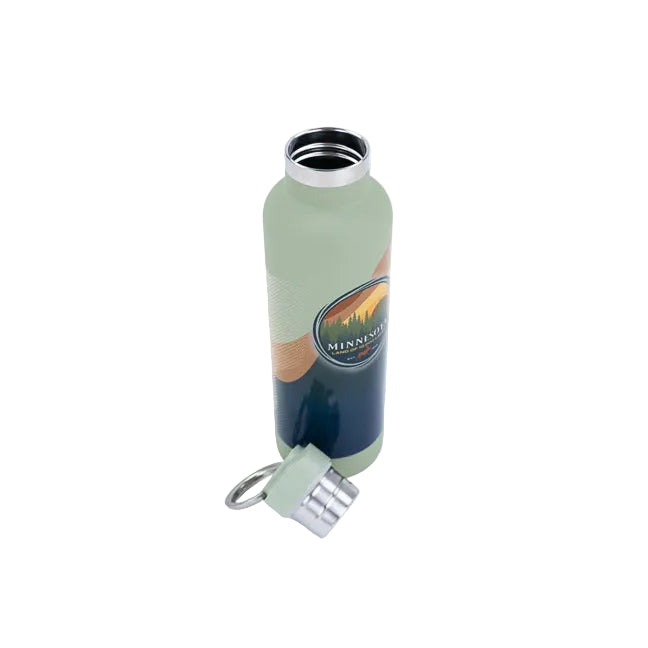 A reusable insulated water bottle with a matte sage green body, a dark blue lower section, and a circular Minnesota state graphic on the front. The bottle has a silver metal collar and a matching sage green lid, set against a clean white background.