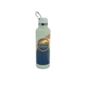 A reusable insulated water bottle with a mint green cap and handle, featuring a Minnesota state graphic on the front, set against a plain white background.