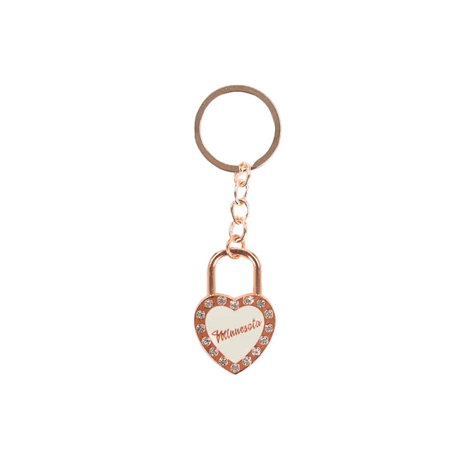 Rose gold heart-shaped padlock keychain with rhinestone trim and 'Minnesota' written on the padlock face, attached to a split key ring on a white background.