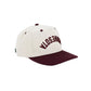 A structured baseball cap with an off-white crown and a dark maroon flat brim. The front of the crown features the word 'MINNESOTA' backwards and upside down embroidered in arched maroon lettering.