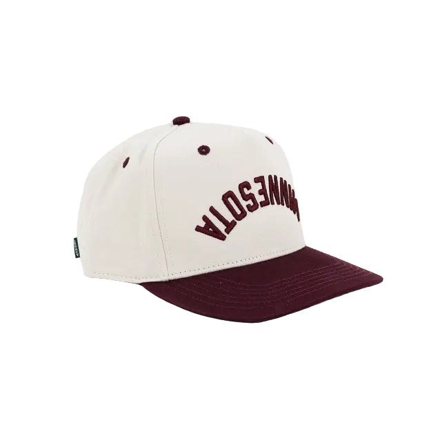 A structured baseball cap with an off-white crown and a dark maroon flat brim. The front of the crown features the word 'MINNESOTA' backwards and upside down embroidered in arched maroon lettering.