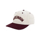 A structured baseball cap with an off-white crown and a dark maroon flat brim. The front of the crown features the word 'MINNESOTA' backwards and upside down embroidered in arched maroon lettering.