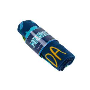 A rolled-up navy blue blanket featuring a Minnesota theme, including the word 'MINNESOTA' in white with a blue outline on the wrap, set against a plain white background.