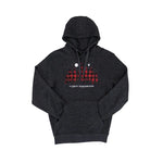 A dark charcoal gray heather pullover hoodie featuring a red and black buffalo plaid graphic of a tree on the chest, with the text 'THE GREAT NORTHWOODS' printed below in white. The hoodie is laid flat against a white background.