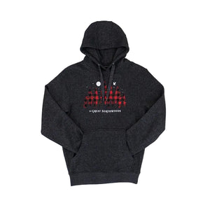 A dark charcoal gray heather pullover hoodie featuring a red and black buffalo plaid graphic of a tree on the chest, with the text 'THE GREAT NORTHWOODS' printed below in white. The hoodie is laid flat against a white background.