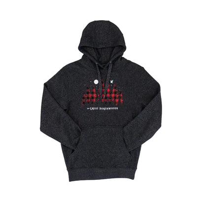 A dark charcoal gray heather pullover hoodie featuring a red and black buffalo plaid graphic of a tree on the chest, with the text 'THE GREAT NORTHWOODS' printed below in white. The hoodie is laid flat against a white background.