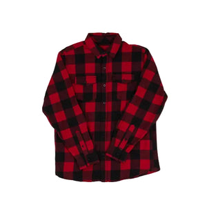 A red and black buffalo plaid long-sleeve flannel shirt with two buttoned chest pockets, laid flat on a white background.