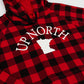 Red and black buffalo plaid hoodie featuring a white graphic print that reads 'UP NORTH' in arched letters above a white silhouette of Minnesota.
