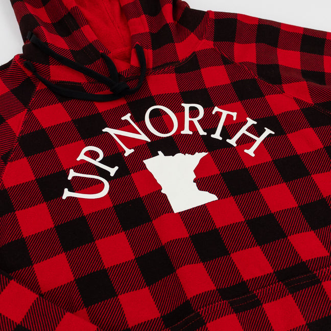 Red and black buffalo plaid hoodie featuring a white graphic print that reads 'UP NORTH' in arched letters above a white silhouette of Minnesota.