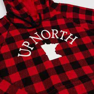 Red and black buffalo plaid hoodie featuring a white graphic print that reads 'UP NORTH' in arched letters above a white silhouette of Minnesota.