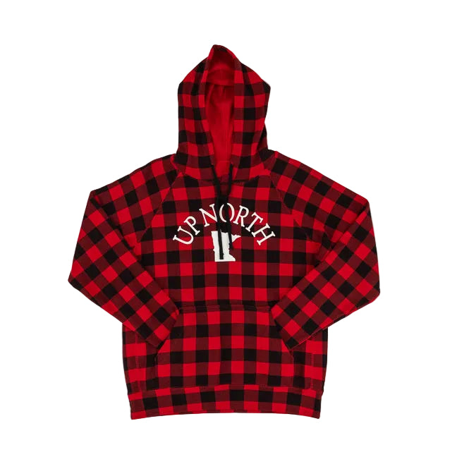 A red and black buffalo plaid pullover hoodie with 'UP NORTH' and a large Minnesota state shape printed in white on the chest, laid flat against a  white background.