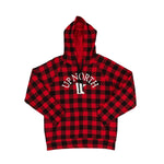 A red and black buffalo plaid pullover hoodie with 'UP NORTH' and a large Minnesota state shape printed in white on the chest, laid flat against a  white background.