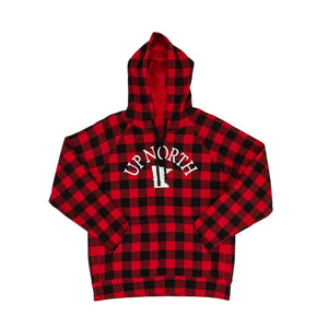 A red and black buffalo plaid pullover hoodie with 'UP NORTH' and a large Minnesota state shape printed in white on the chest, laid flat against a  white background.