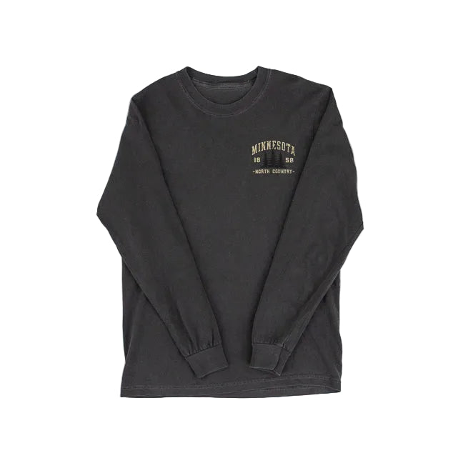 A dark charcoal gray long-sleeve t-shirt with a gold printed graphic on the left chest reading 'MINNESOTA 1858 NORTH COUNTRY'. The shirt is laid flat against a clean, white background.