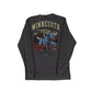 A dark charcoal gray long-sleeve t-shirt shown from the back, featuring a large graphic print of Paul Bunyan and Babe the Blue Ox and the text 'MINNESOTA LEGENDS NEVER DIE'.