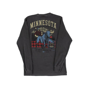 A dark charcoal gray long-sleeve t-shirt shown from the back, featuring a large graphic print of Paul Bunyan and Babe the Blue Ox and the text 'MINNESOTA LEGENDS NEVER DIE'.