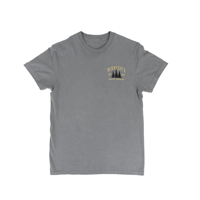 A heather gray short-sleeve crewneck t-shirt with a small yellow and black graphic on the left chest reading 'MINNESOTA 1858 NORTH COUNTRY -' above pine trees, displayed flat against a white background.