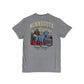 A heather gray short-sleeve t-shirt shown from the back, featuring a large vintage-style graphic print of Paul Bunyan, Babe the Blue Ox, and 'MINNESOTA LEGENDS NEVER DIE' text on a white background.